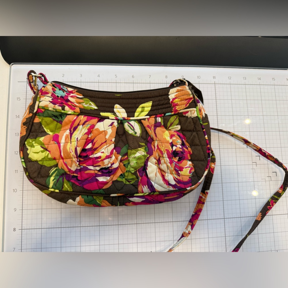 Vera Bradley Frannie English Rose Quilted Crossbody Bag - Brown Pink & Green - Picture 2 of 5